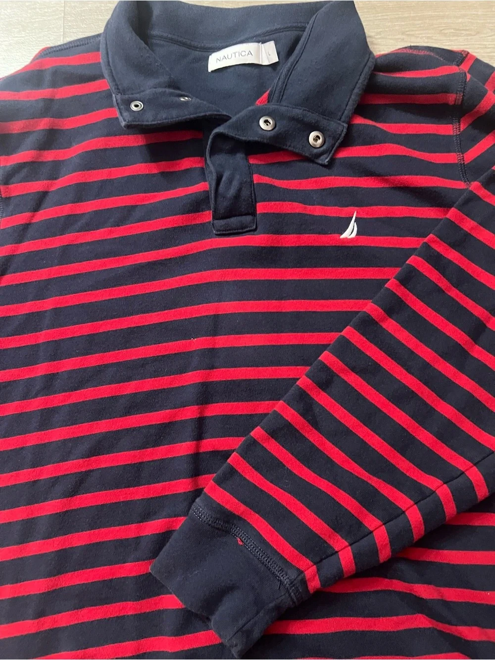 Nautica Red & Navy Striped Long Sleeve Polo